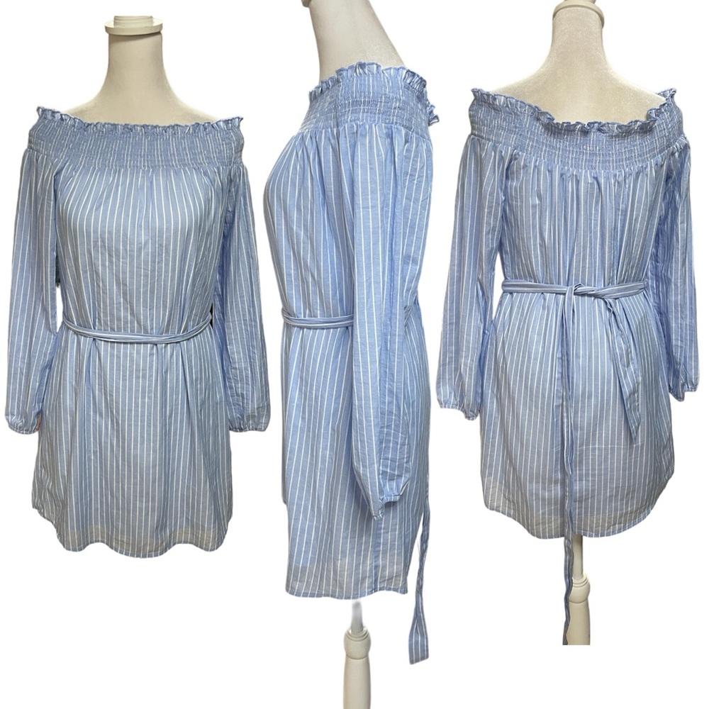 Express Blue & White Striped Linen Elastic Off The Shoulders Dress Size Small